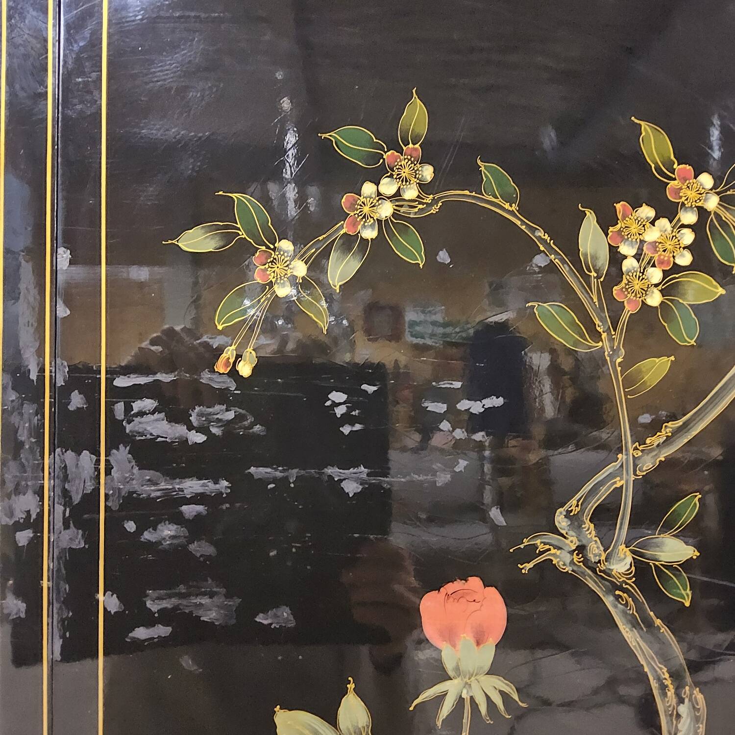 Vintage Chinese black lacquer cabinet with birds and flowers bohemian