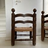 Pair of low oak and straw chairs
