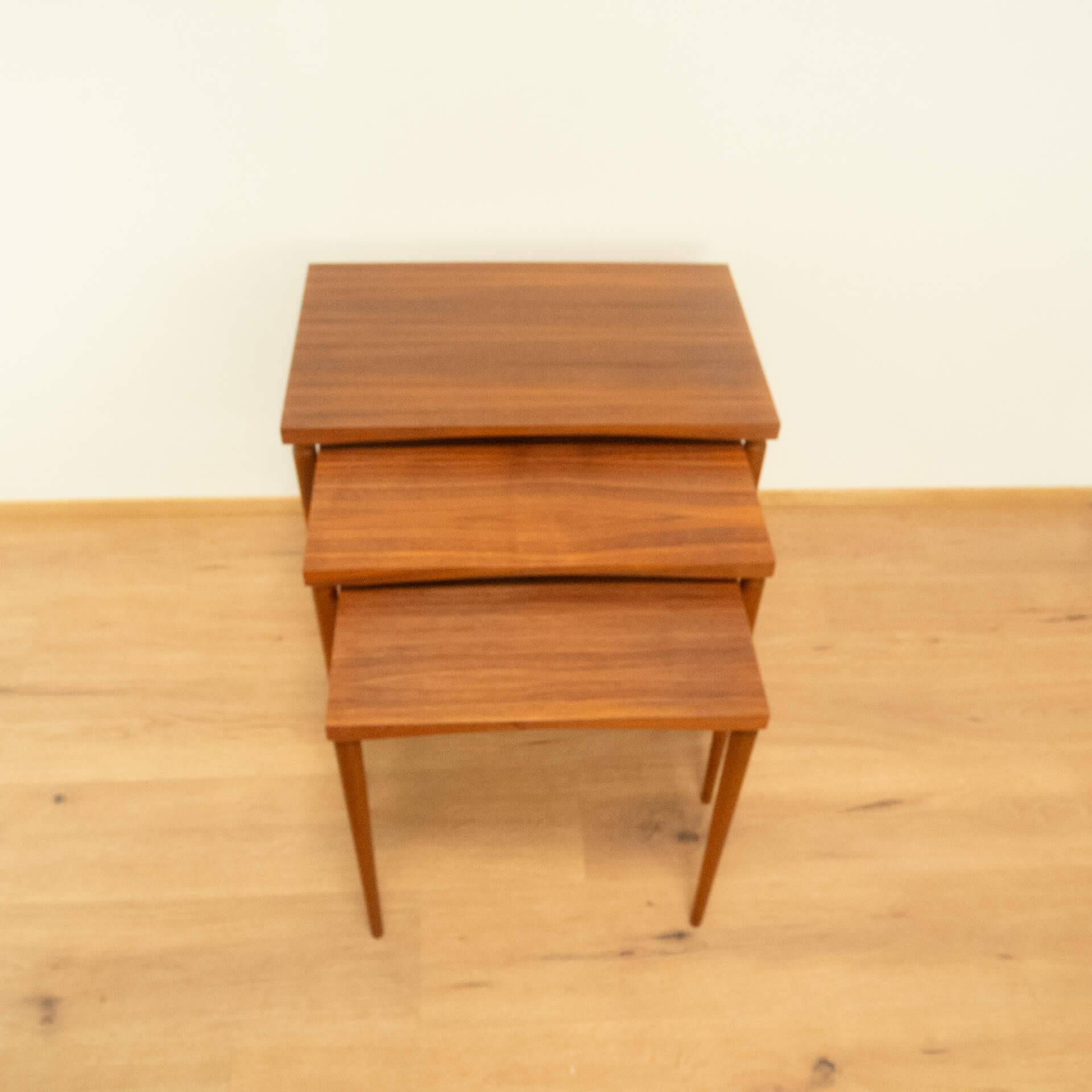 Set of 3 nesting tables, walnut with beech, vintage from the 60s