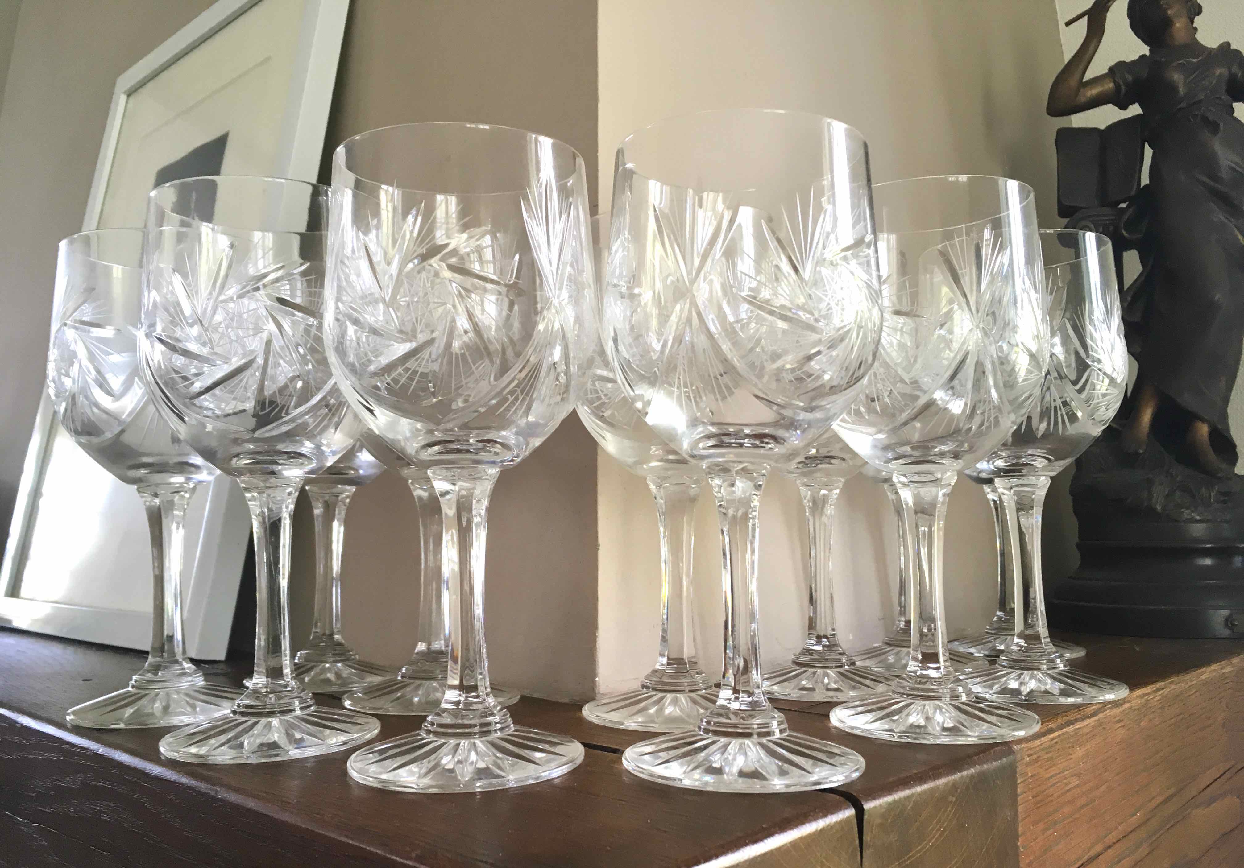 Set of 12 cut crystal wine glasses