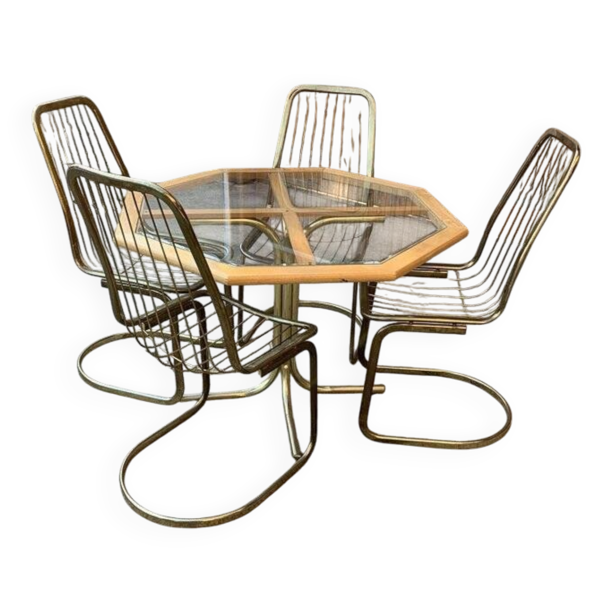Octagonal glass table set with 4 gold brass cantilever chairs – Gastone Rinaldi