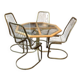 Octagonal glass table set with 4 gold brass cantilever chairs – Gastone Rinaldi