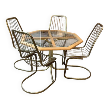 Ensemble table octogonale verre et 4 chaises cantilever doré en laiton – Gastone Rinaldi
