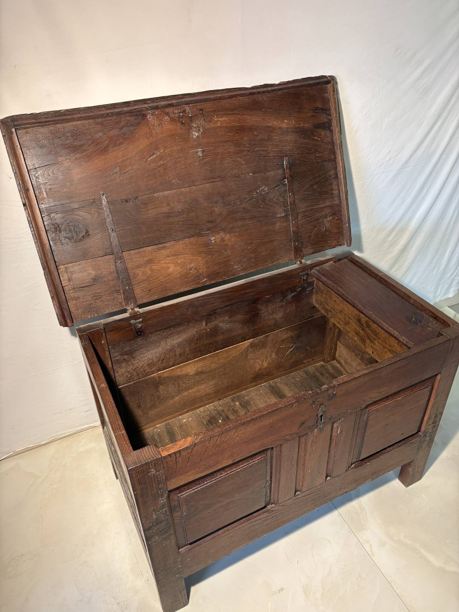 Rustic antique oak chest, original fittings and moulded panels.