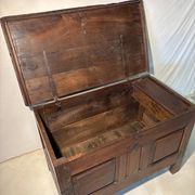 Rustic antique oak chest, original fittings and moulded panels.