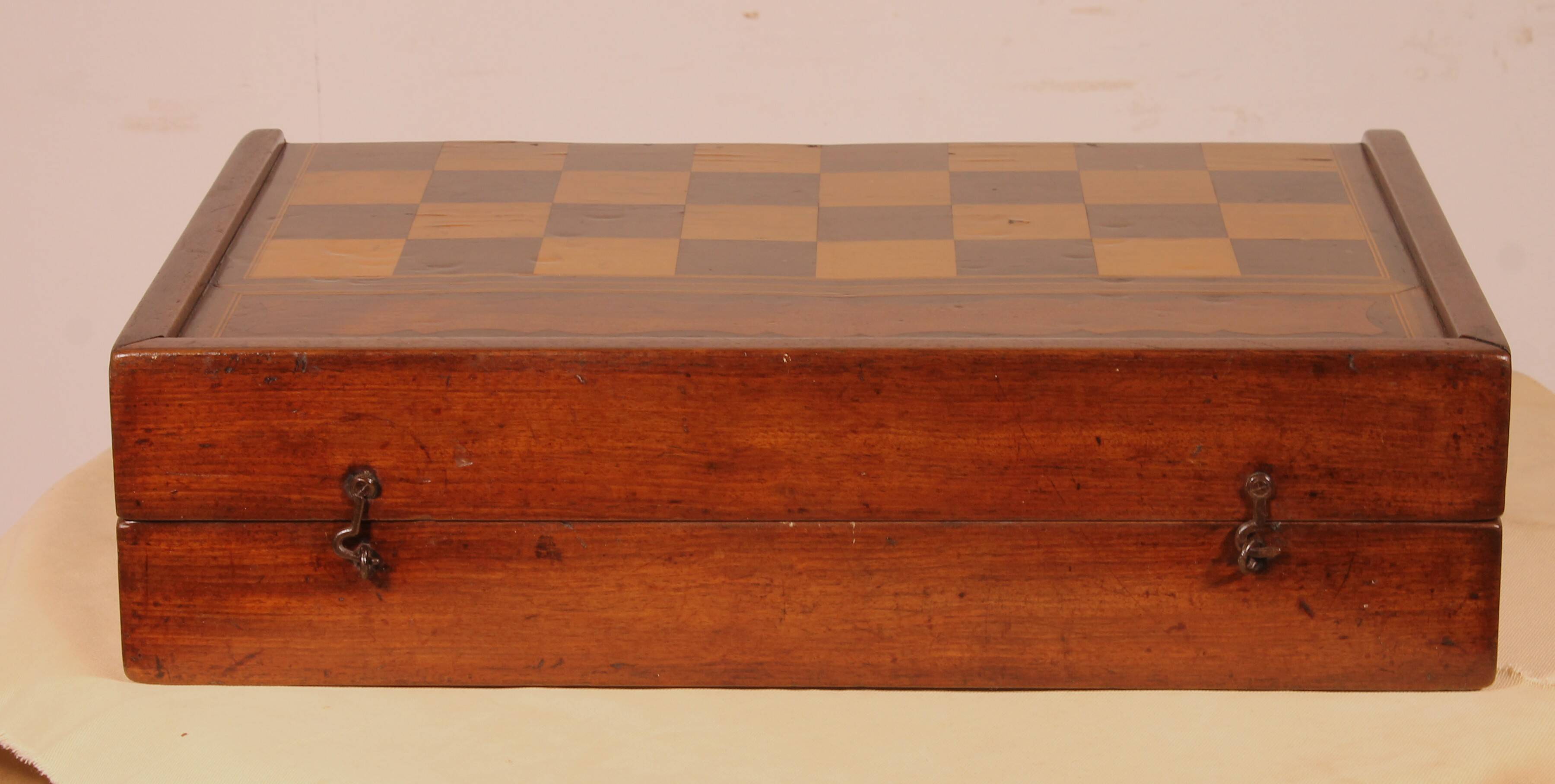 19th century games box in walnut and boxwood