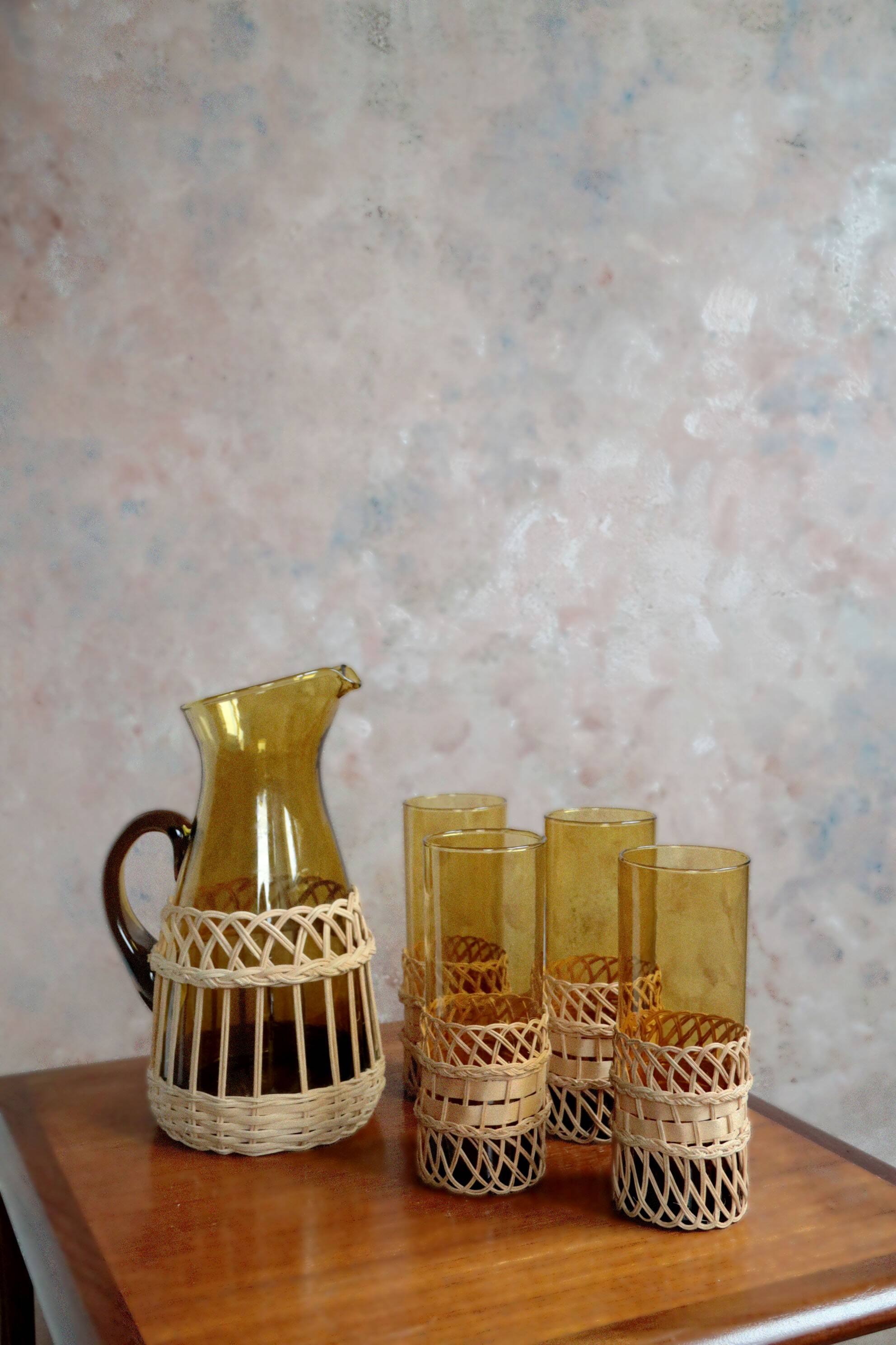 Amber glass and wicker lemonade set, carafe and glasses