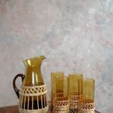 Amber glass and wicker lemonade set, carafe and glasses