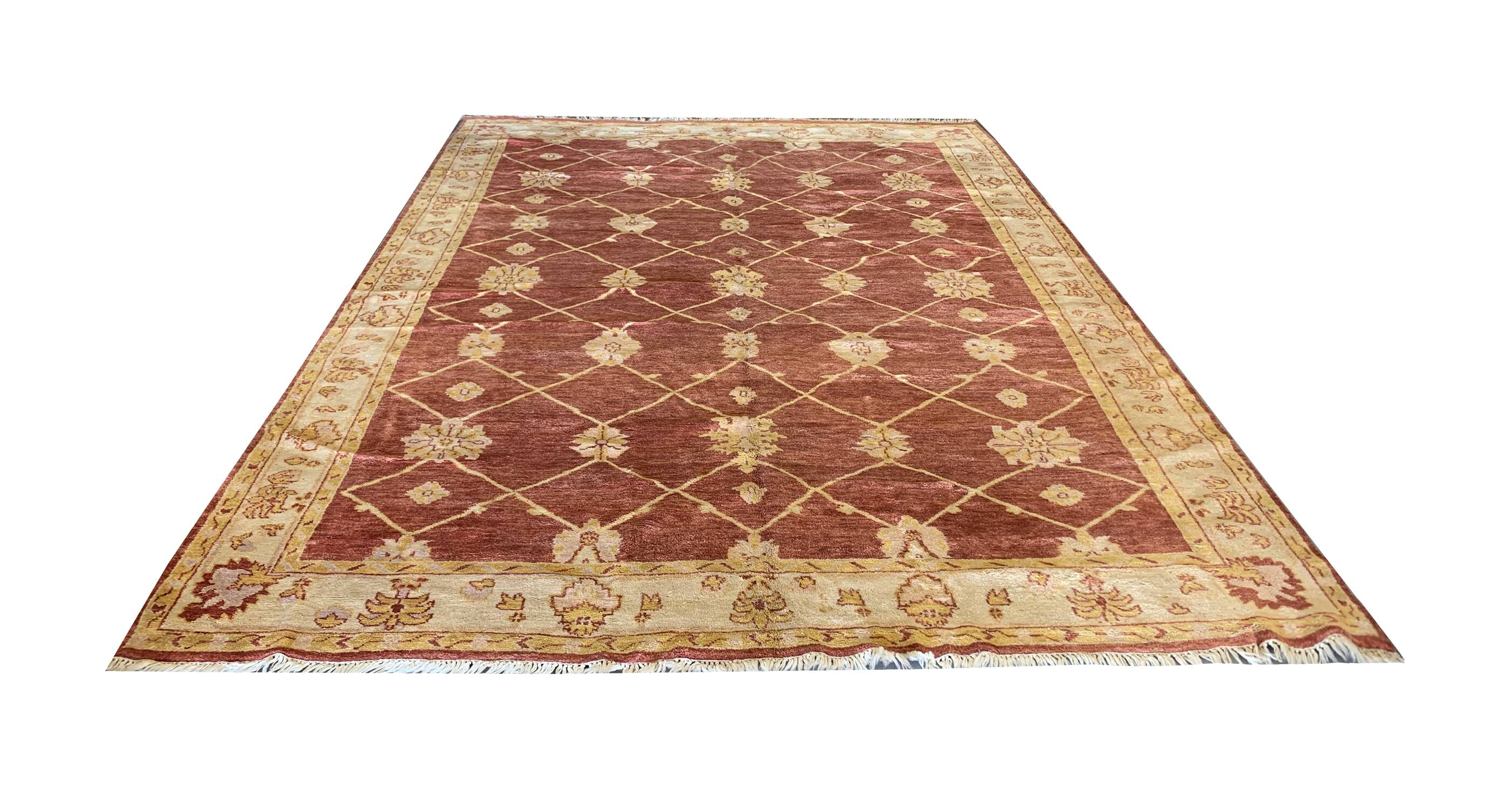 Indian Ziegler Rug, Large Rust Wool Handknotted Carpet, Livingroom Rug