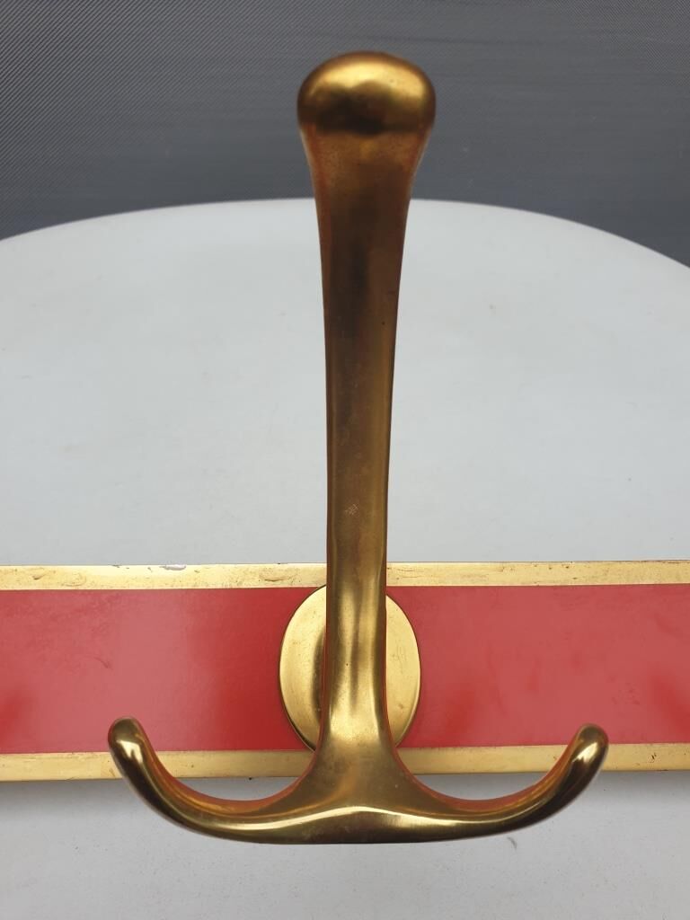 Vintage bistro coat rack with 3 patères gold and red hooks
