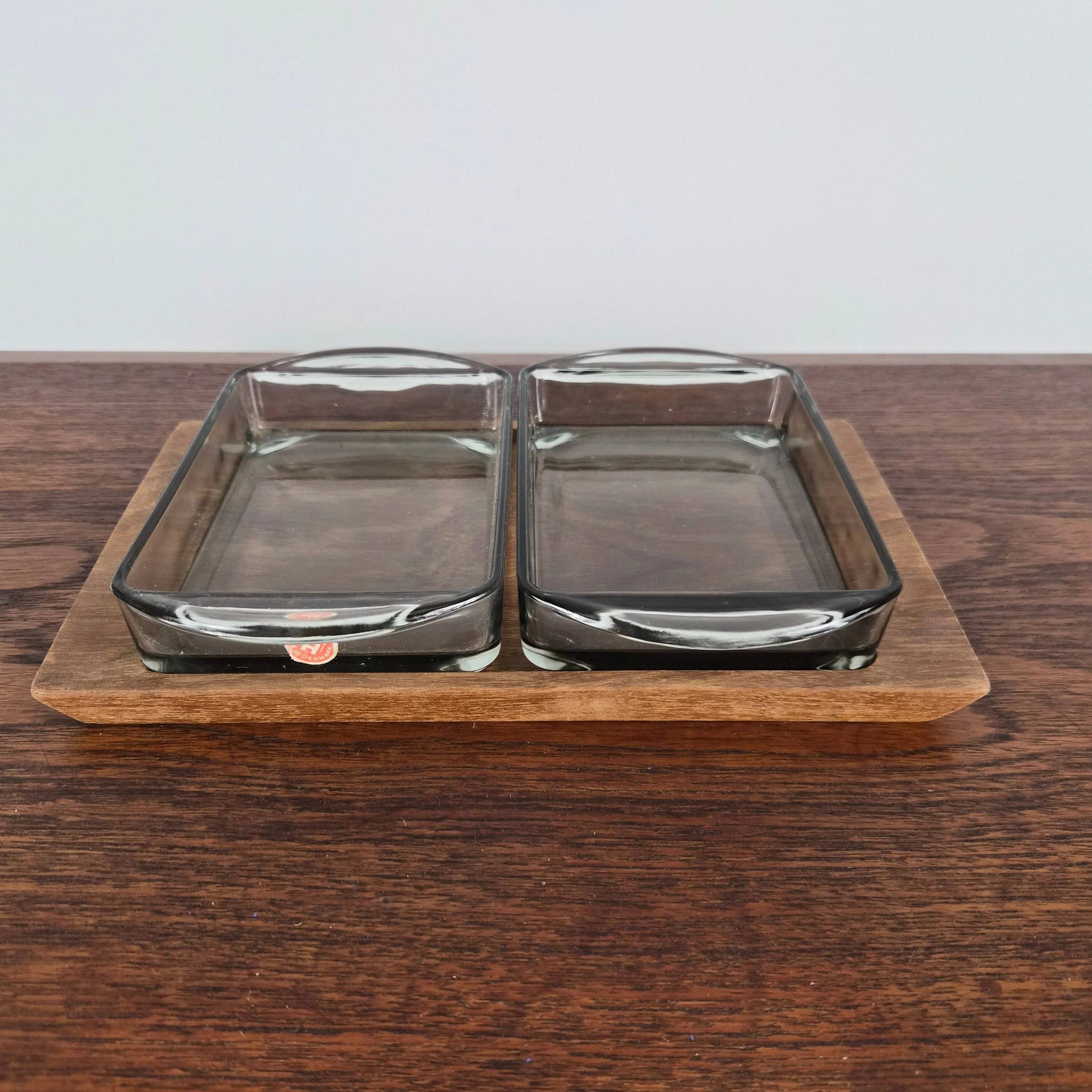 Teak plateau and glass ramekins, Denmark, 1960