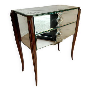 Petite commode d’entrée ou table de chevet ancienne en miroir gravé