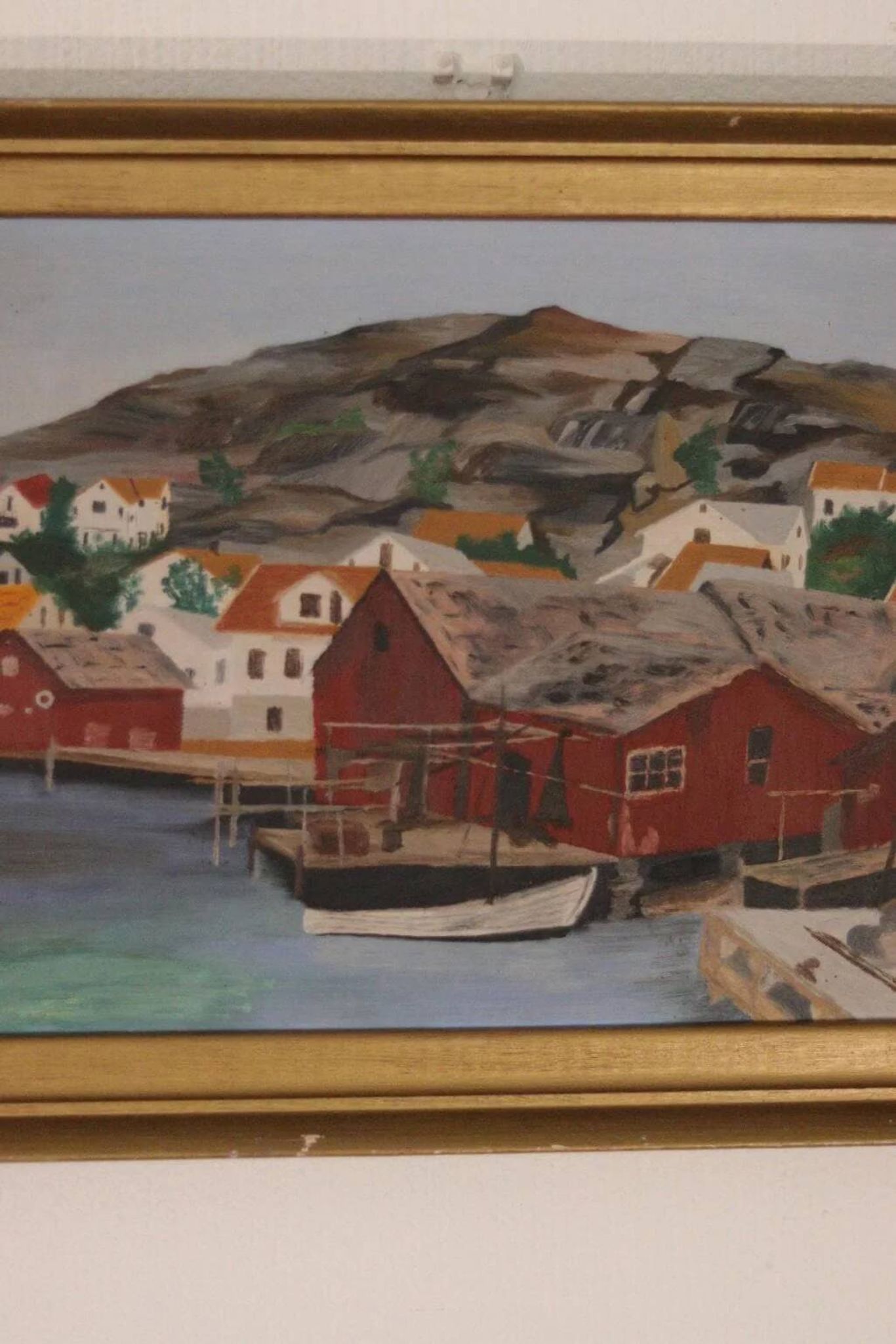 Huile sur panneau suédoise originale du milieu du siècle – ville côtière