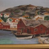 Huile sur panneau suédoise originale du milieu du siècle – ville côtière