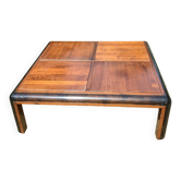 Vintage square coffee table in solid wood with rounded blackened corners –