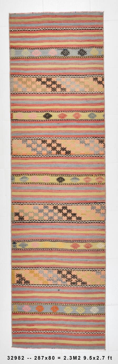 2x9 Green & Red Kilim Runner Rug, 80x287Cm