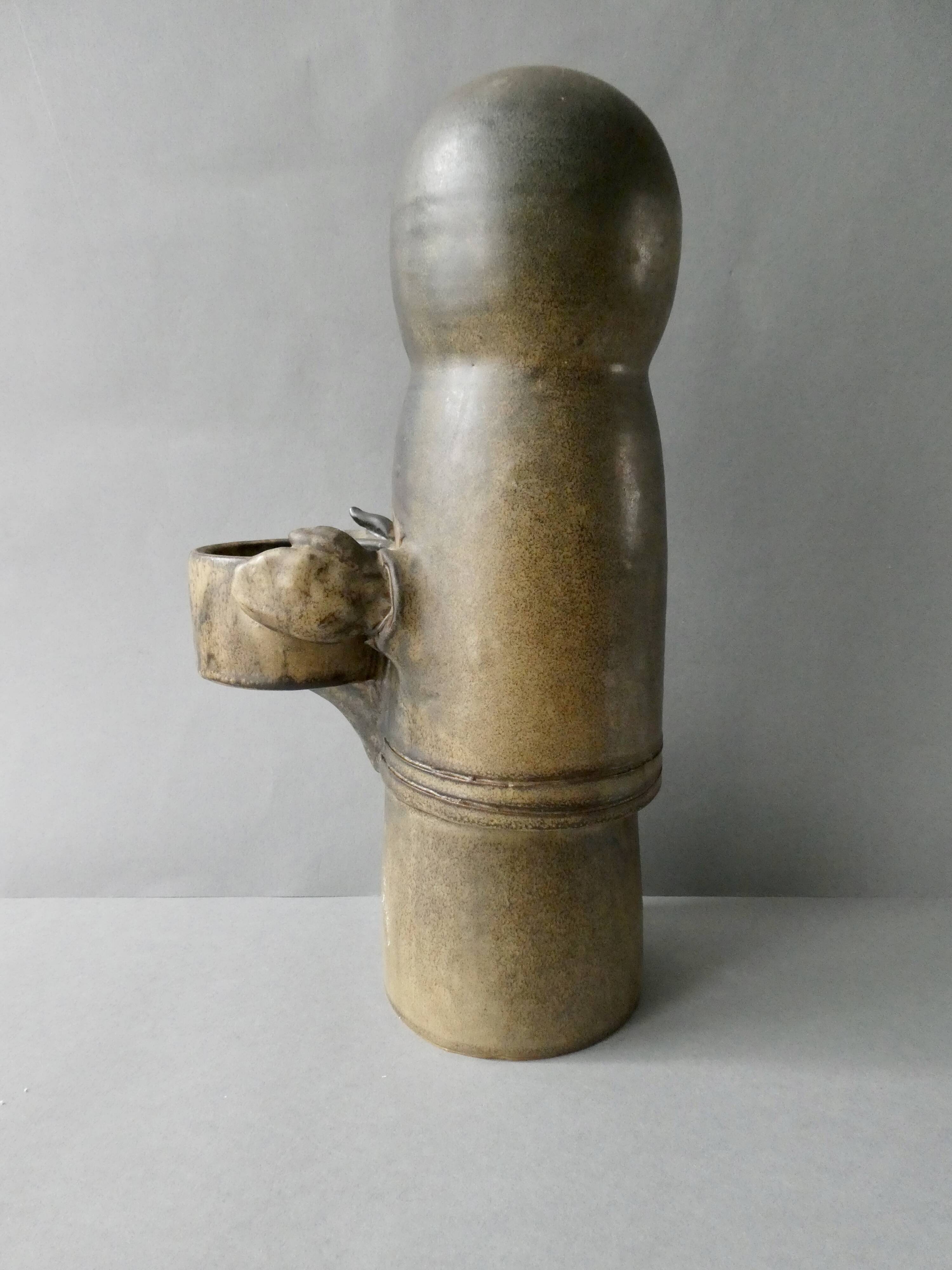 Large stoneware candlestick signed Denise Pointu, stoneware from Puisaye