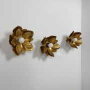 Set of 3 vintage flower wall lights, gold metal, France, 1970.