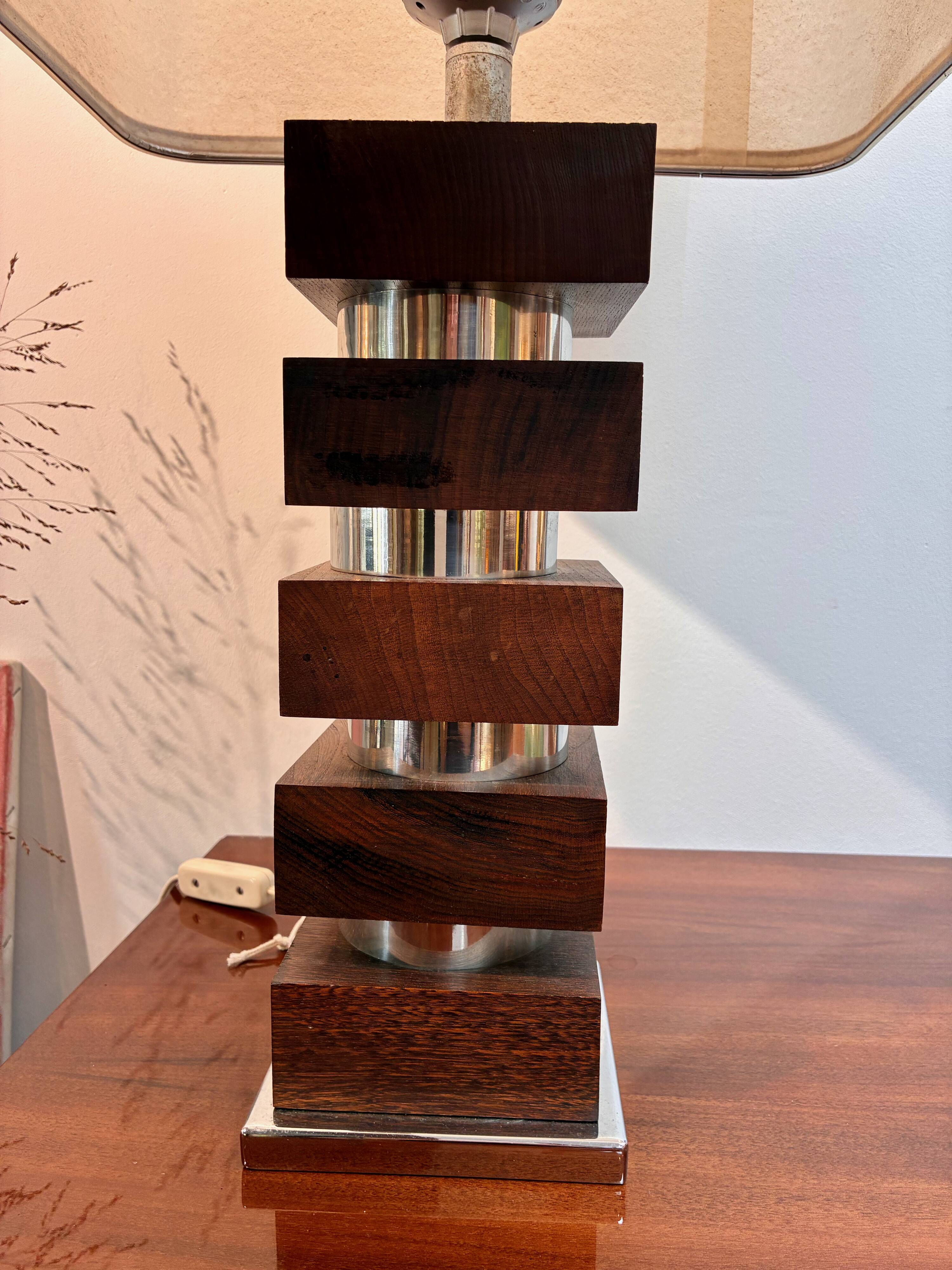 Large vintage architectural table lamp – Stacked Wood & Metal Base