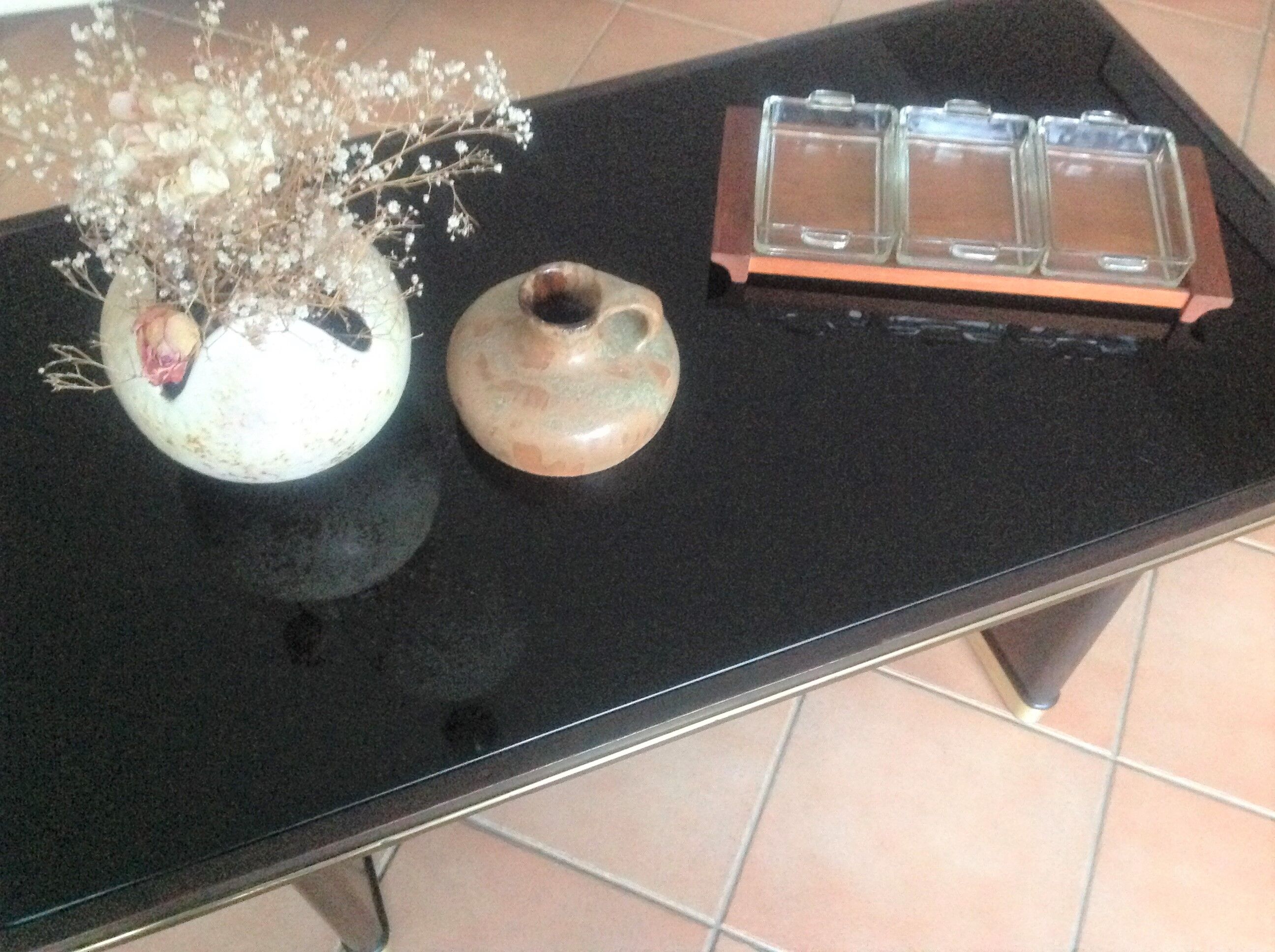 Coffee table with black glass top / 40s-50s