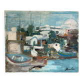 Village by the water, oil on panel signed Morabia.