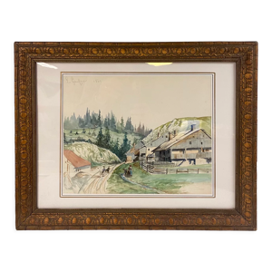 Tableau ancien, paysage de Montagne