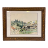 Tableau ancien, paysage de Montagne dans le Jura, XIX siècle