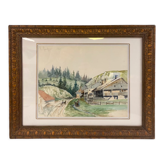 Tableau ancien, paysage de Montagne dans le Jura, XIX siècle