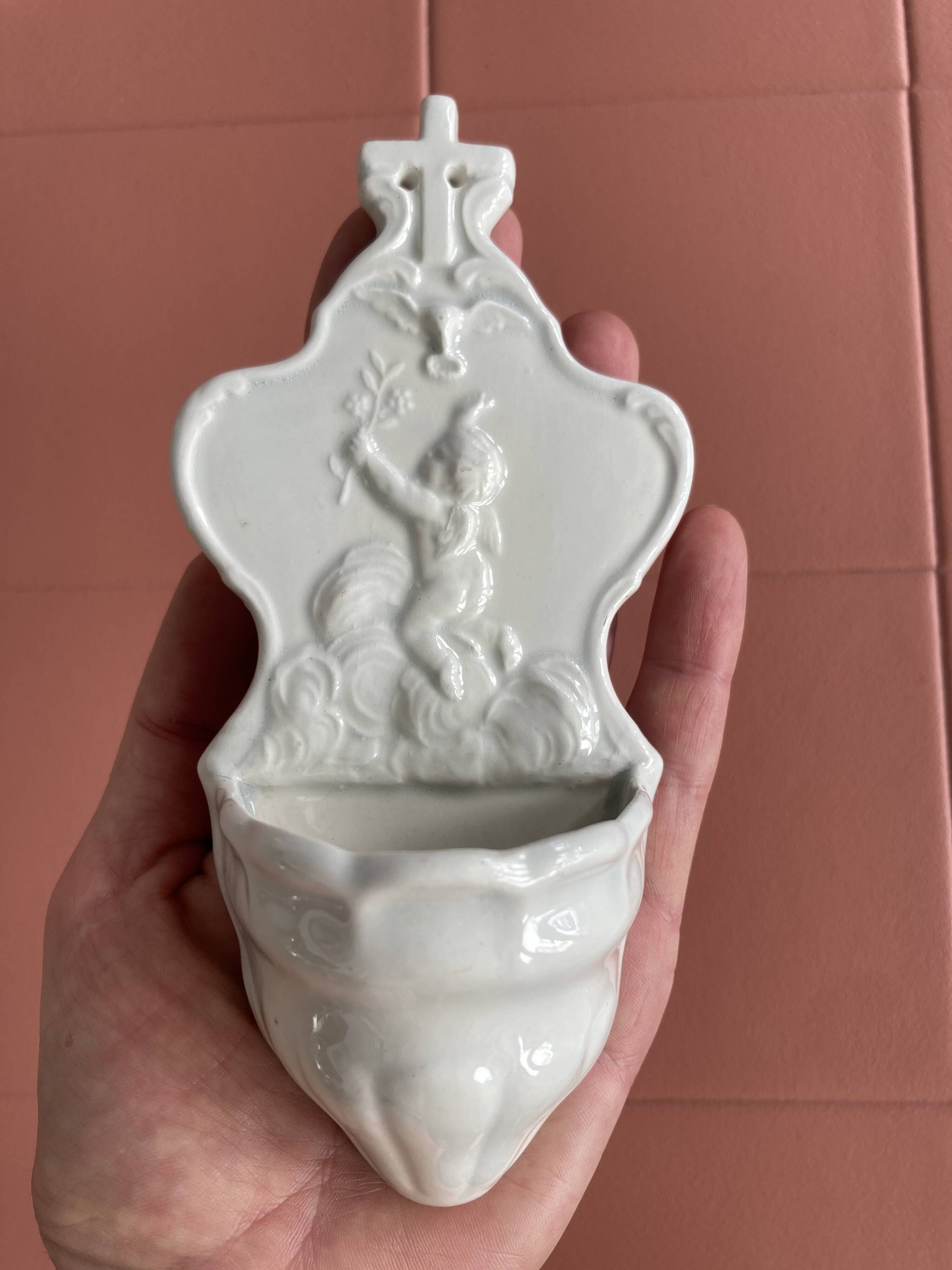 19th century porcelain angel holy water font