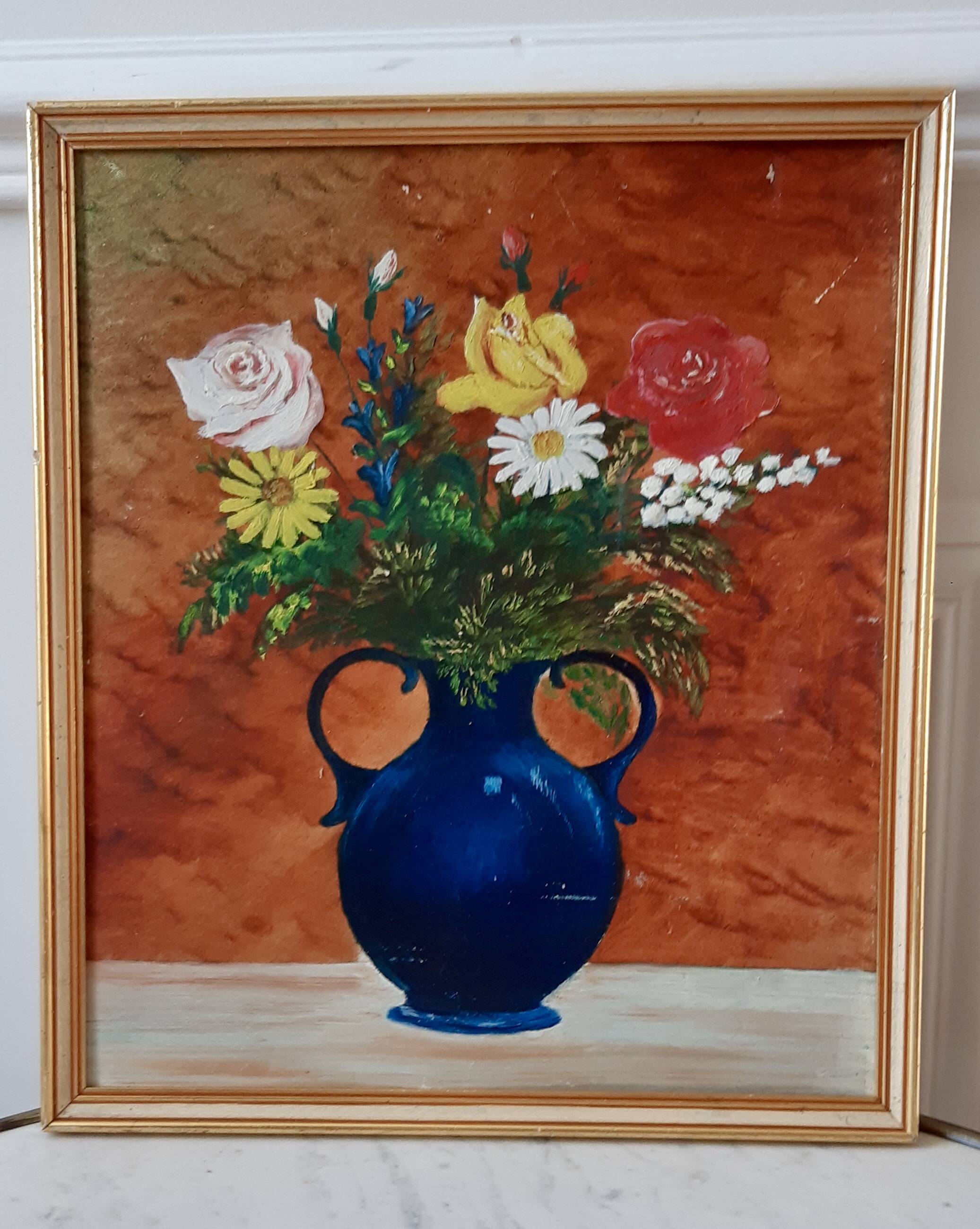 Painting / oil on cardboard framed vintage 50s