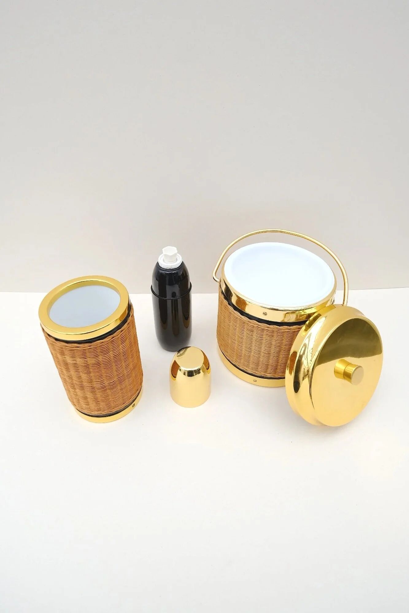 Rattan and chrome ice bucket, bottle and shaker set, France 1970