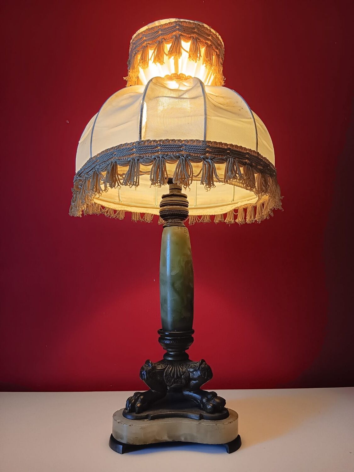 Antique lamp with green marble and bronze – fringed lampshade