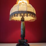 Antique lamp with green marble and bronze – fringed lampshade