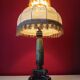 Antique lamp with green marble and bronze – fringed shade