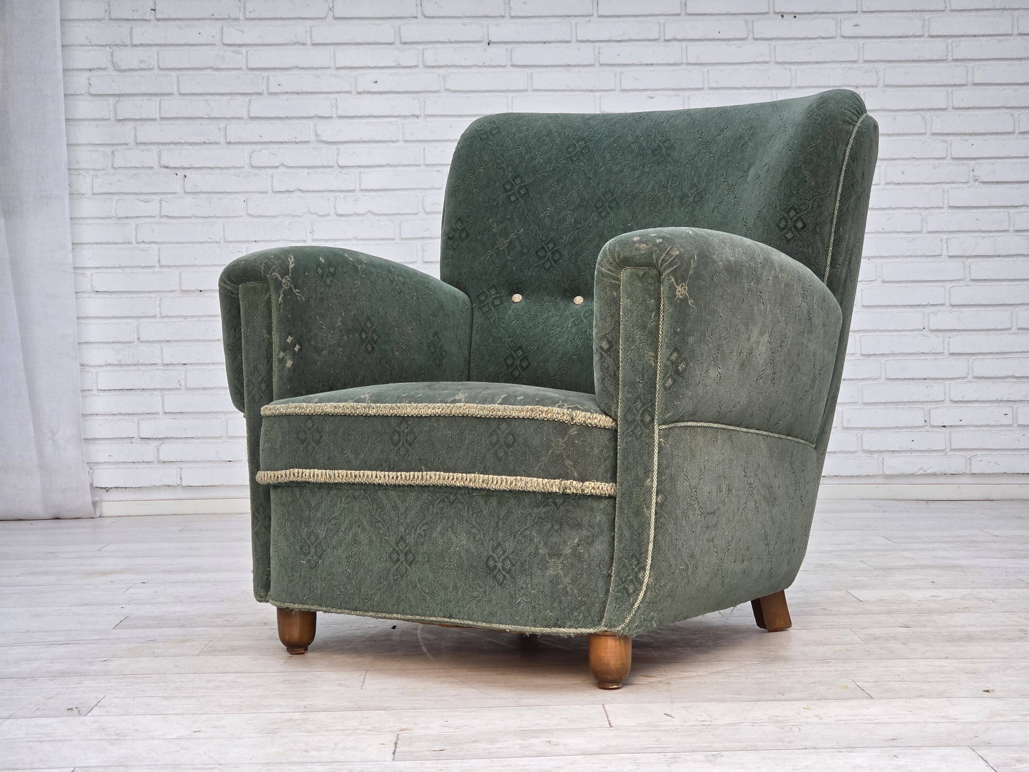 1960s, Danish armchair, light green furniture wool, oak wood legs.