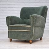 1960s, Danish armchair, light green furniture wool, oak wood legs.