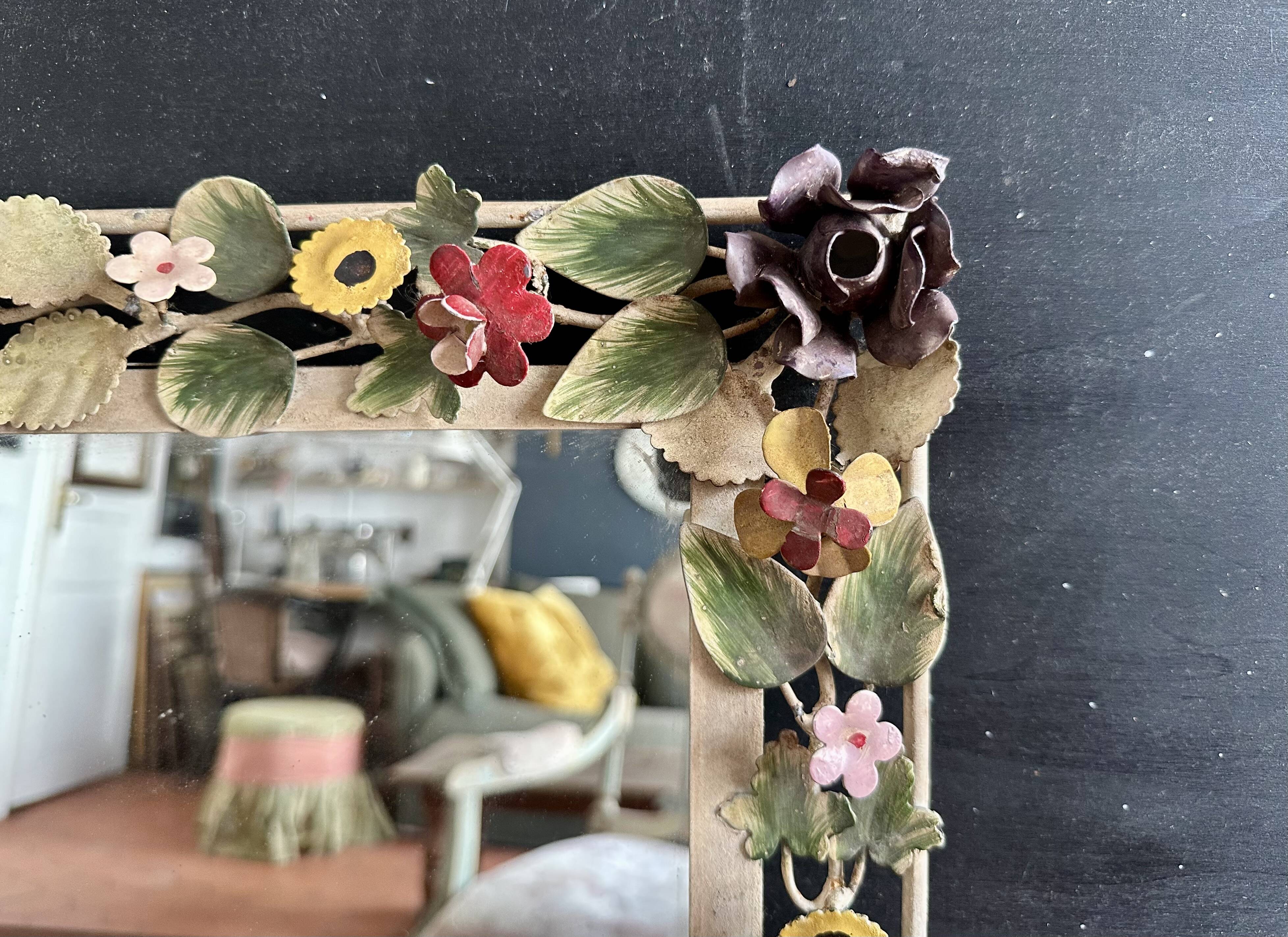 Italian wall mirror in polychrome floral metal, 1950s