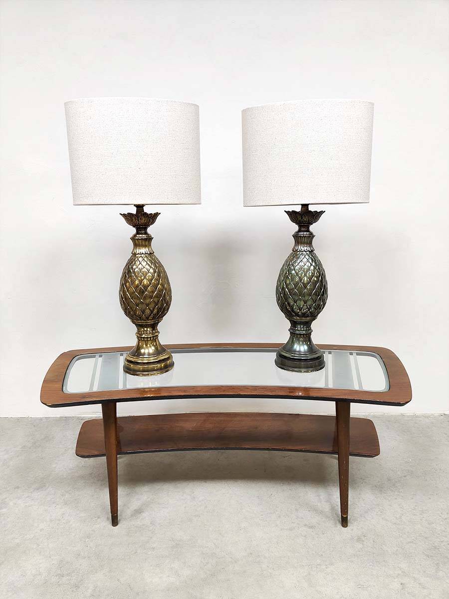 Vintage French brass pineapple table lamp set