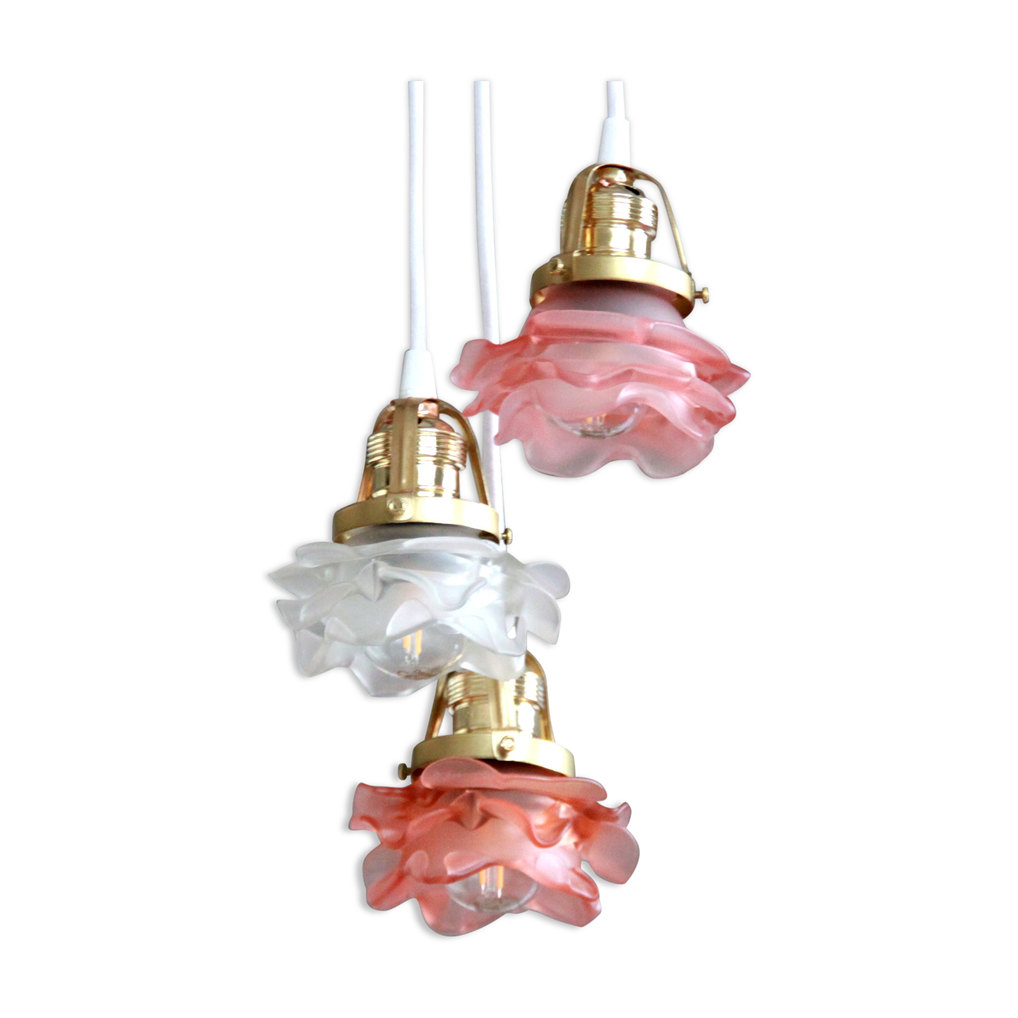 Chandelier suspension waterfall 3 lamps glass paste flower pink tulip old art deco