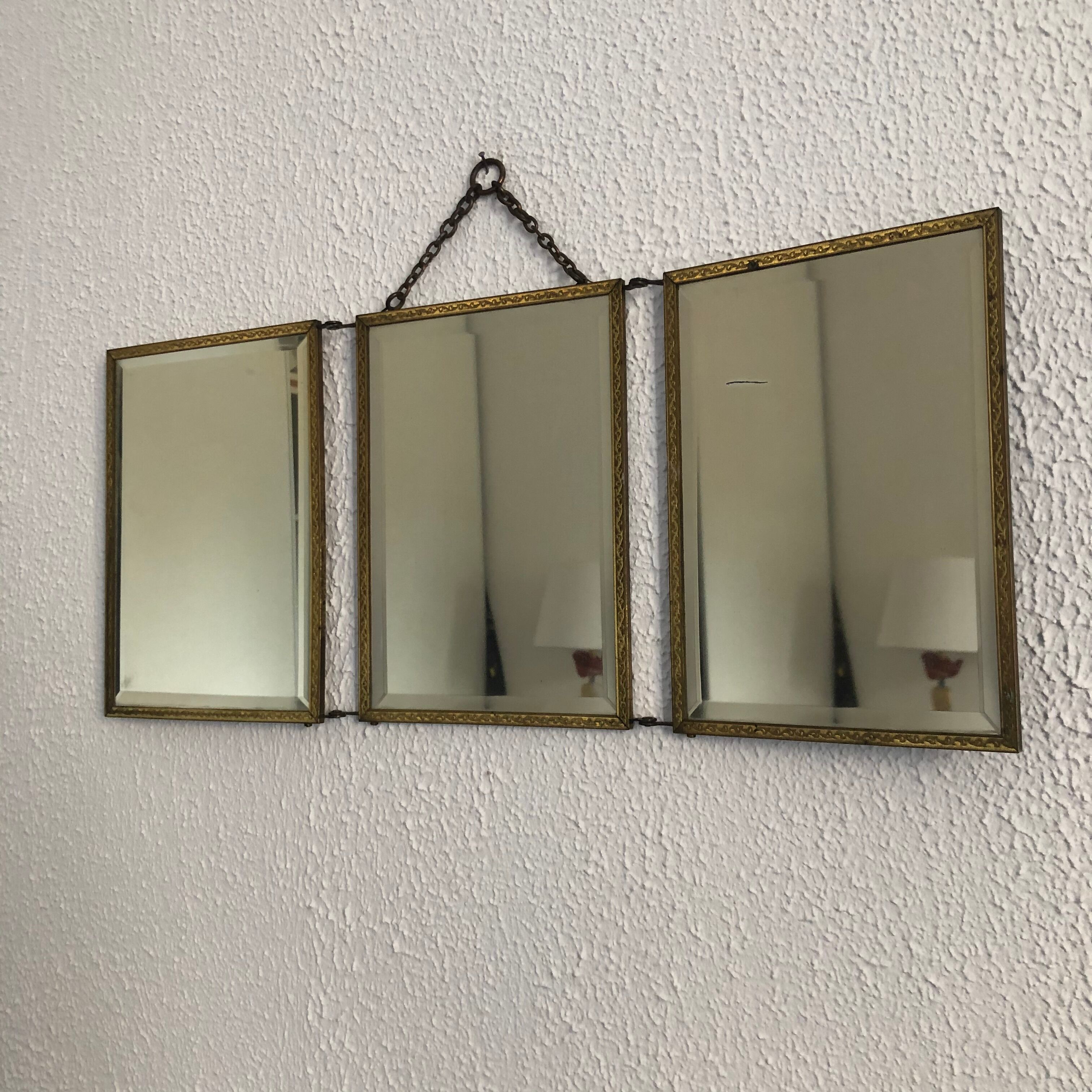 Vintage brass bevelled triptych mirror 1900 - 21 x 49 cm