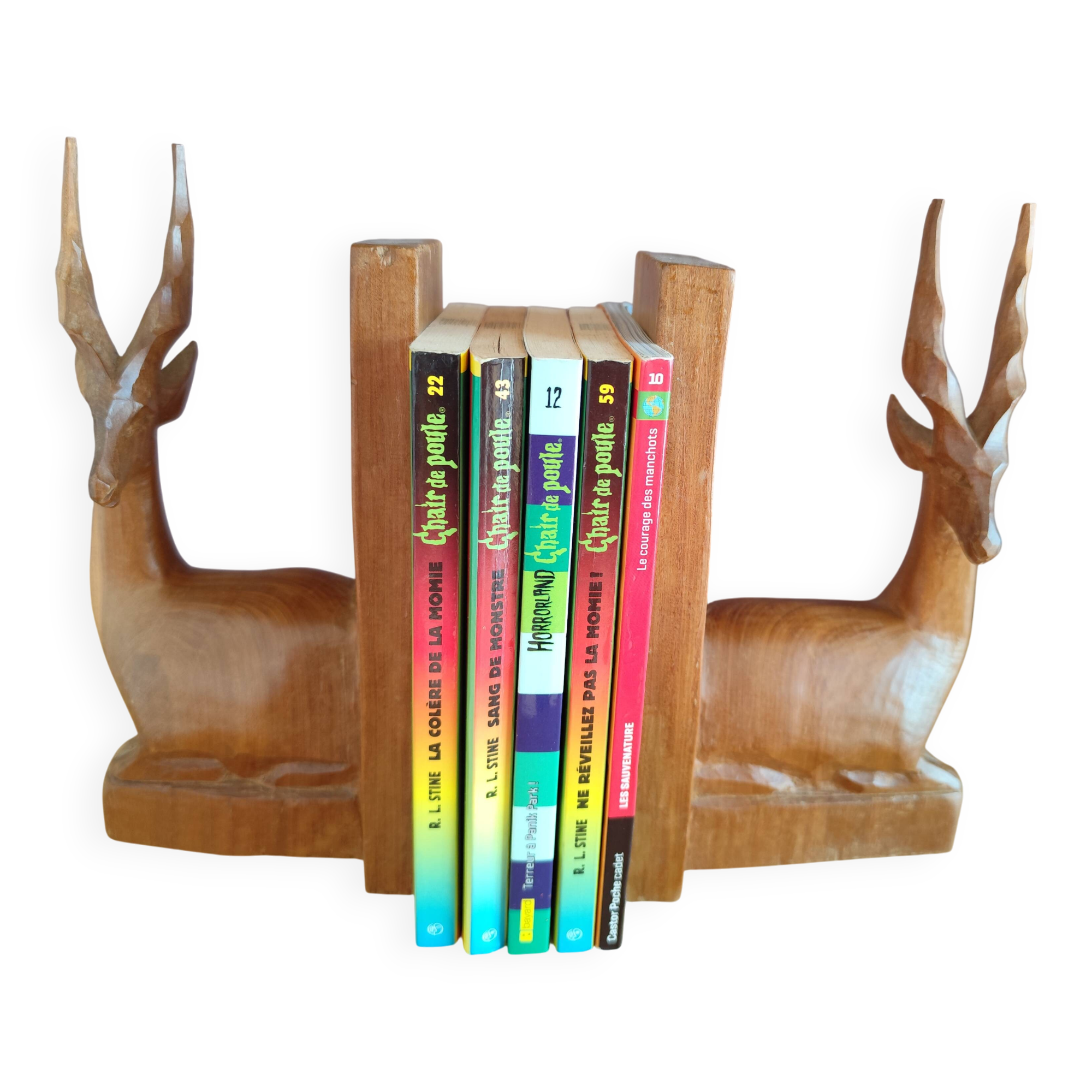 Paire de serre-livres cerfs vintage en chêne massif