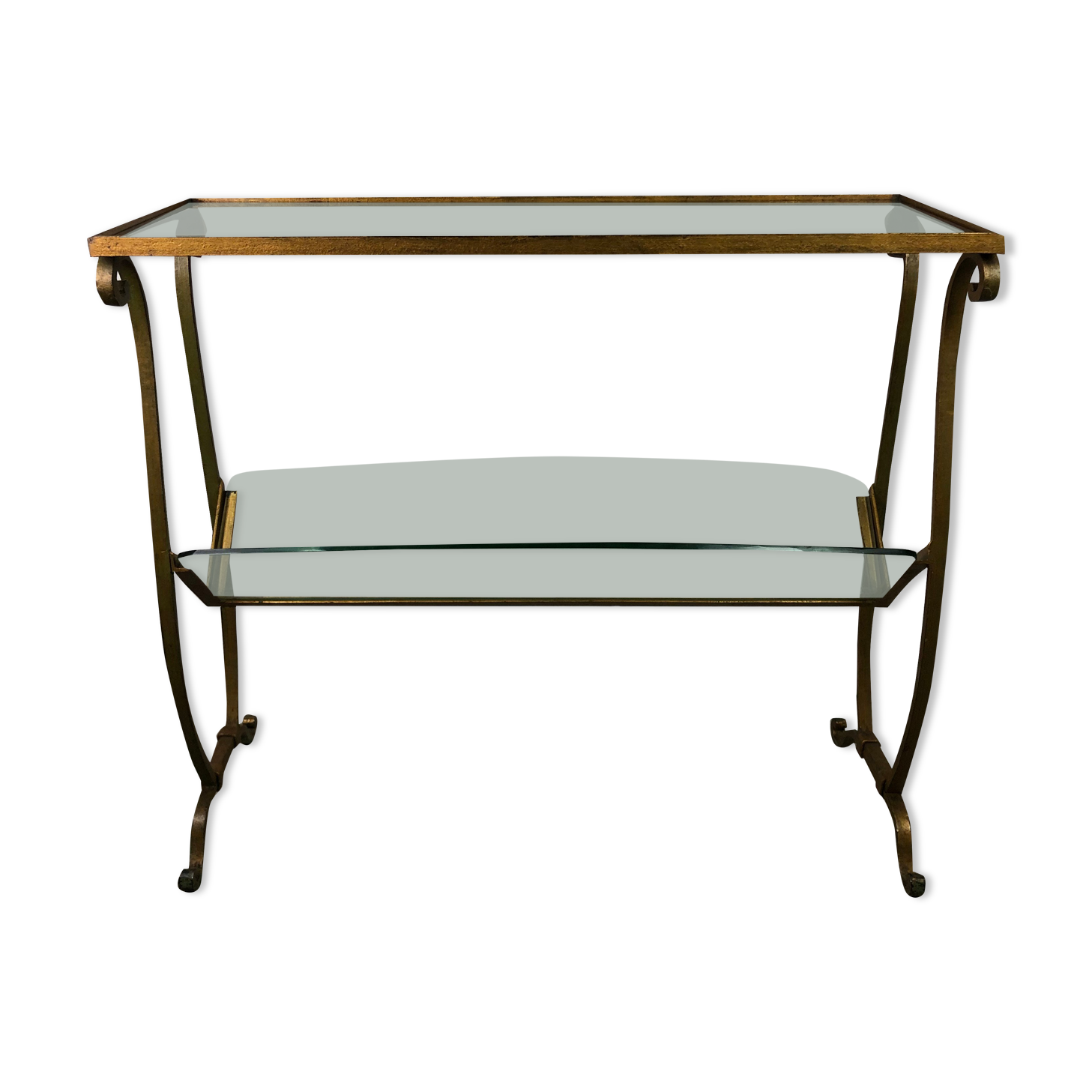 Review door / golden wrought iron sofa end and glass top 1950