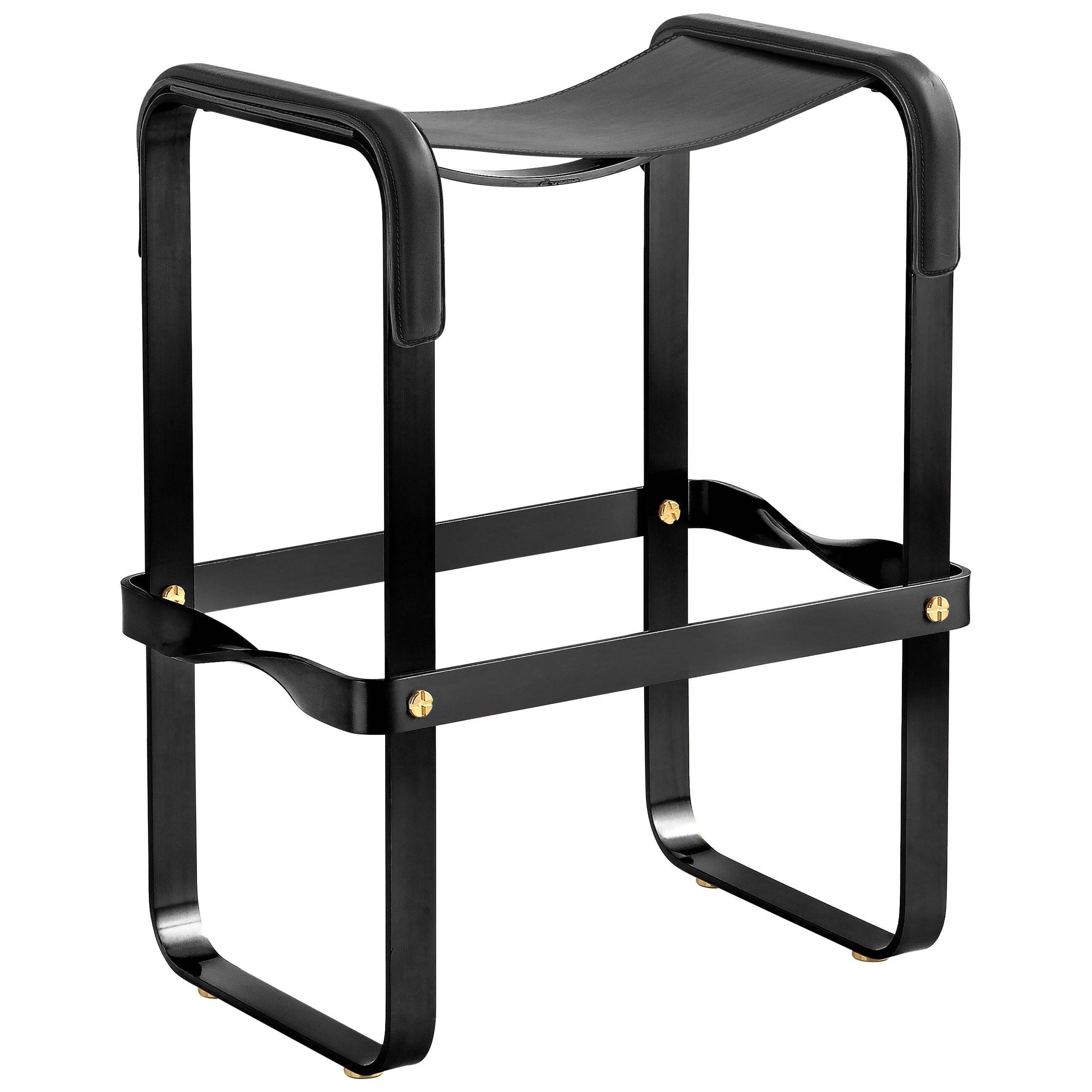 Contemporary sculptural bar stool, smoked black metal sample and black leather.