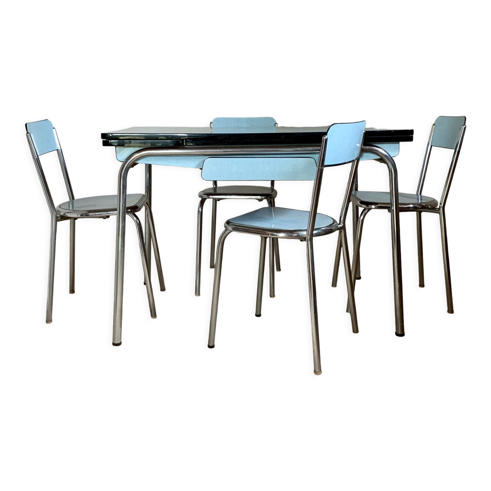 Blue formica table and its 4 chairs
