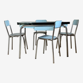 Blue formica table and its 4 chairs