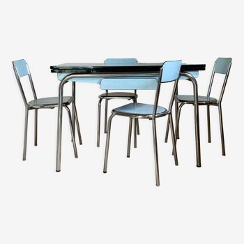 Table formica bleu et ses 4 chaises