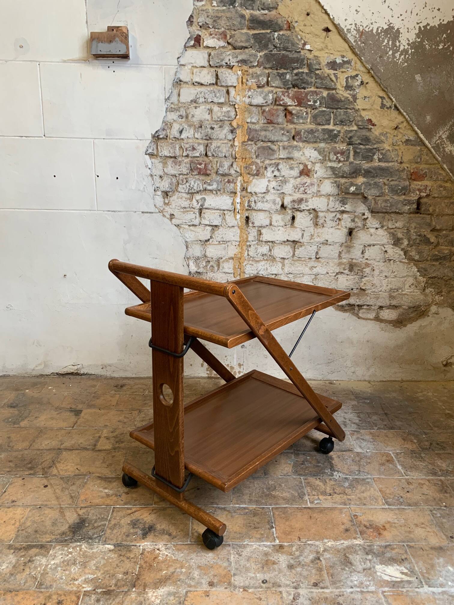 Mid-century modern folding wooden service trolley from the 1960s