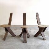 Set of 3 chairs brutalist tripod solid wood