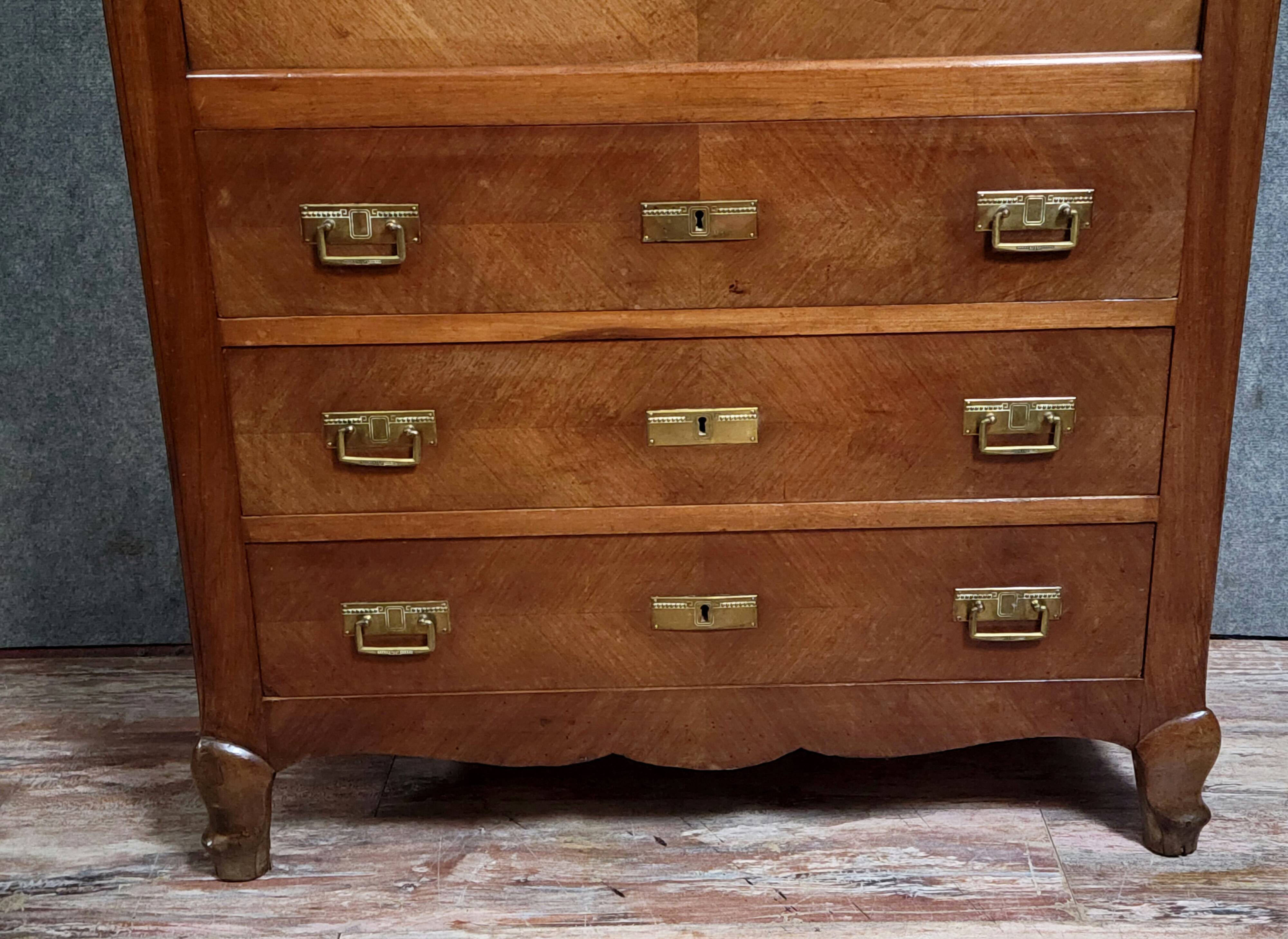 Rare Biedermeier guillotine secretary, made of walnut and marquetry.