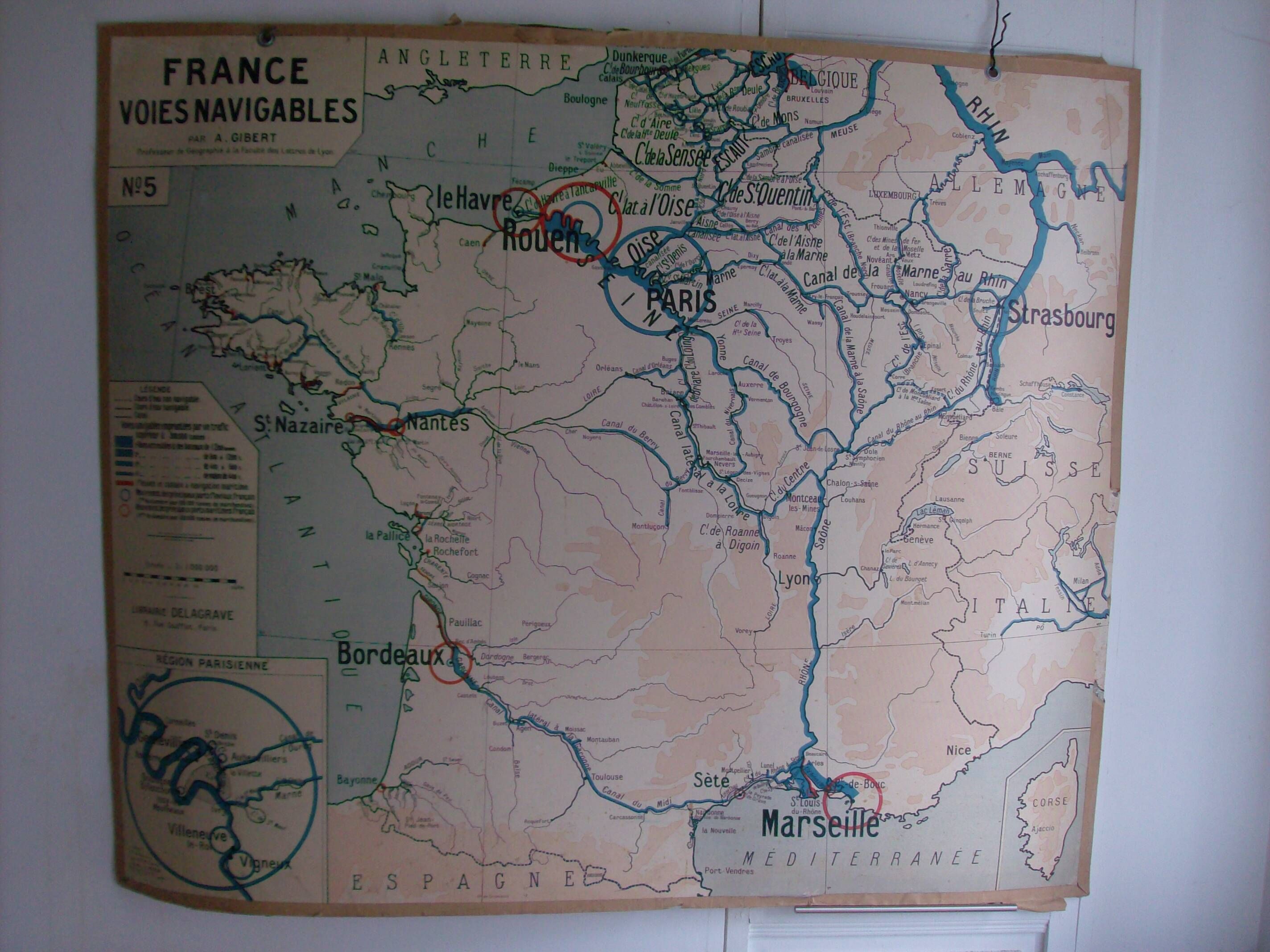 Old school map of geography France aviation waterways TSF by Gibert